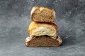 Homemade fresh baked various loafs of wheat and rye bread. banner, menu, recipe place for text, top view