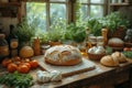 homemade fresh and big loaf of bread and ingredients in cozy rustic kitchen. food composition Royalty Free Stock Photo