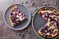 Homemade fresh blueberry tart with custard close-up in a plate. Horizontal top view Royalty Free Stock Photo