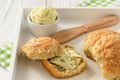 Homemade fresh bread buns with cheese and garlic butter. Royalty Free Stock Photo