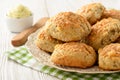 Homemade fresh bread buns with cheese and garlic butter. Royalty Free Stock Photo