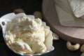 Homemade fresh cheese in the bowl. Macro photography