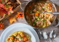 A pot of vegetable meat soup from above Royalty Free Stock Photo