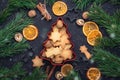 Homemade fresh cookies in a tin box Fir branches Dried slices of orange Cookie cutters Royalty Free Stock Photo