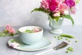 Homemade fresh green pea cream soup with pea sprouts and flowers Royalty Free Stock Photo