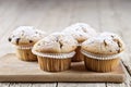Homemade fresh muffins with sugar powder on cutting board rustic wooden table Royalty Free Stock Photo