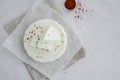 Homemade fresh soft cheese brynza or feta with chilli and sea salt on a light background. Horizontal, top view, copy space Royalty Free Stock Photo