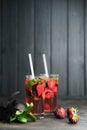 Homemade fresh strawberry lemonade with basil leaves Royalty Free Stock Photo