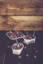Homemade fresh yogurt. Healthy sweet dessert on dark rustic wood. Frozen fruits Royalty Free Stock Photo