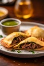 Homemade freshly baked Argentinian beef empanadas turnover pies on a plate served with chimichurri sauce. Latin American cuisine