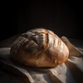 homemade freshly baked bread on a linen towel, on a dark background.rustic style