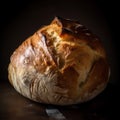 homemade freshly baked bread on a linen towel, on a dark background.rustic style