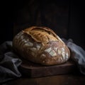 homemade freshly baked bread on a linen towel, on a dark background.rustic style