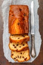 Homemade freshly baked cake loaf with raisins. Traditional treat for tea or coffee. Pound cake