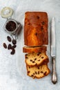 Homemade freshly baked cake loaf with raisins. Traditional treat for tea or coffee. Pound cake Royalty Free Stock Photo