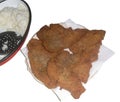 homemade fried breaded veal meat and rice on a white background Royalty Free Stock Photo