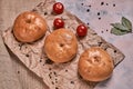 Homemade fried dough with minced meat or belyashi. Pies are on a plate on a white wooden table. Copy space. Royalty Free Stock Photo