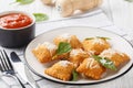 Homemade Fried Ravioli with Marinara Sauce and Parmesan closeup. Horizontal Royalty Free Stock Photo