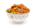 homemade fried rice with shrimps and geen bean and maize on white with clipping path