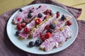 Homemade frozen yogurt bars with raspberries and blueberries. Snack for the summer days Royalty Free Stock Photo