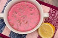 Homemade frsh beetroot soup with dill