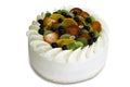 Homemade fruit cake on white isolated background with clipping paths. Plain sponge cake frosting with young pudding sauce. Bakery