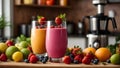 homemade fruit shake and variety of fresh fruit Royalty Free Stock Photo