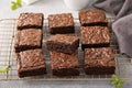 Homemade fudgy brownies on a baking rack