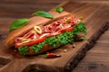 homemade full hamburger with vegetables, spices and ham on wooden background