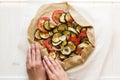 Homemade galette pie with grilled eggplants, tomatoes and onion. Top view Royalty Free Stock Photo