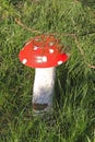 Homemade garden sculpture - mushroom amanita on the grass. The mushroom is made from an old plate and log. Royalty Free Stock Photo