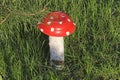 Homemade garden sculpture - mushroom amanita on the grass. The mushroom is made from an old plate and log. Royalty Free Stock Photo