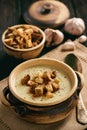 Homemade garlic cream soup with croutons. Royalty Free Stock Photo