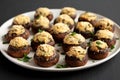 Homemade Garlic Parmesan-Stuffed Mushrooms on a plate on a black background, side view Royalty Free Stock Photo