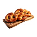 Homemade german Soft Bavarian Pretzels on a wooden board isolated