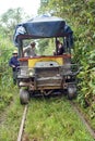 Homemade `ghost train` running on abandoned railroad tracks