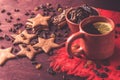 Homemade ginger cookies, cup of tea with lemon, dates, cinnamon with raisins Royalty Free Stock Photo