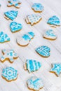 Homemade gingerbread cookies pattern. Christmas gingerbread. Gingerbread man, snowman, heart, star, Christmas tree, snowflake. Royalty Free Stock Photo