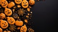 Homemade gingerbread cookies shaped like spider web pumpkins and ghosts close up isolated on black background Royalty Free Stock Photo