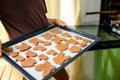 Homemade gingerbread cookies on a silicone baking mat on a baking sheet in the hands of a woman in front of an open oven Royalty Free Stock Photo