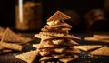 Homemade gingerbread cookies stacked on rustic wood, Christmas indulgence generated by AI