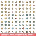 100 homemade gingerbread icons set, color line style Royalty Free Stock Photo