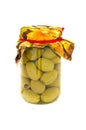 Homemade glass jar preserved olives isolated on a white Royalty Free Stock Photo