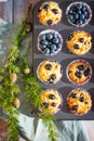 Homemade gluten free almond flour blueberry muffins in the baking tray Royalty Free Stock Photo