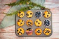 Homemade gluten free almond flour blueberry muffins in the baking tray Royalty Free Stock Photo