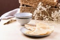 Homemade gluten free rice crepes or pancakes on wooden table Royalty Free Stock Photo