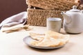 Homemade gluten free rice crepes or pancakes on wooden table Royalty Free Stock Photo