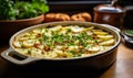 Homemade Golden Brown Potato Gratin in a White Ceramic Dish on a Wooden Table by the Window Freshly Baked and Garnished with Herbs Royalty Free Stock Photo