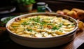 Homemade Golden Brown Potato Gratin in a White Ceramic Dish on a Wooden Table by the Window Freshly Baked and Garnished with Herbs Royalty Free Stock Photo