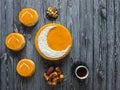 Homemade golden cake with a Crescent moon, served with black coffee and dates. Ramadan background